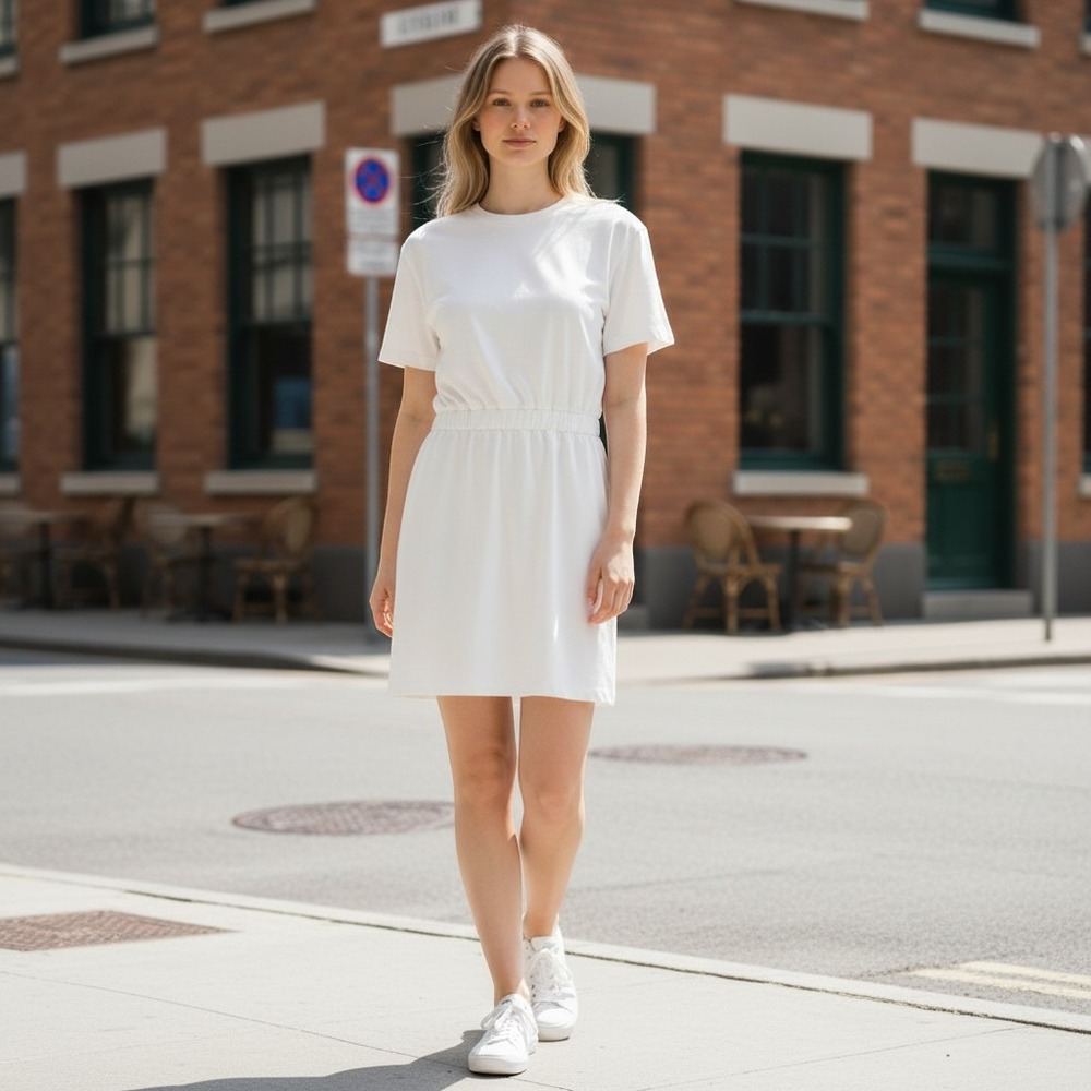 Grey Lab Los Angeles T-Shirt Dress Women M Ivory Elastic Waist Cotton